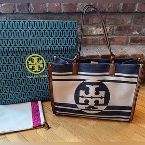 Tory Burch Navy & Cream Ella Jacquard Large Tote